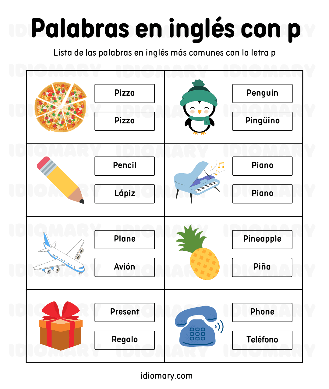 Palabras en inglés con p